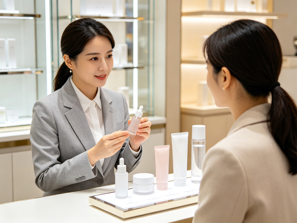 导购向顾客讲解乳液和精华的使用顺序