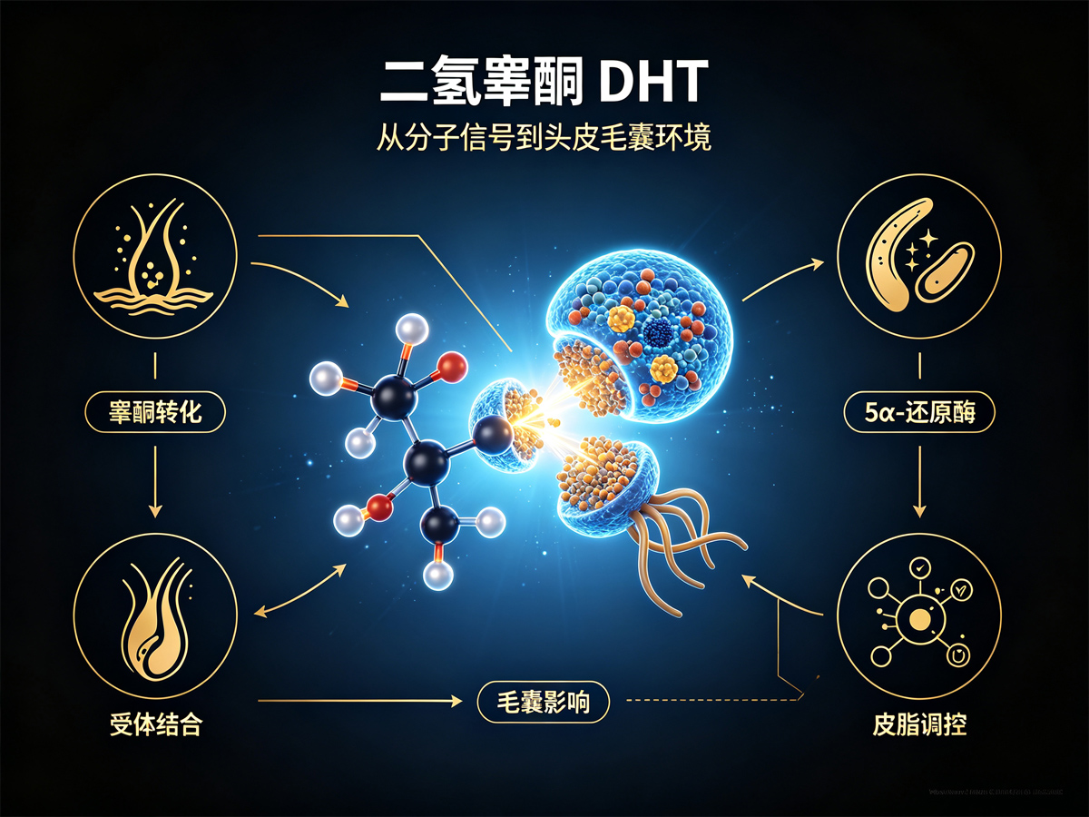 DHT从睾酮转化、作用于毛囊和皮脂腺的链路